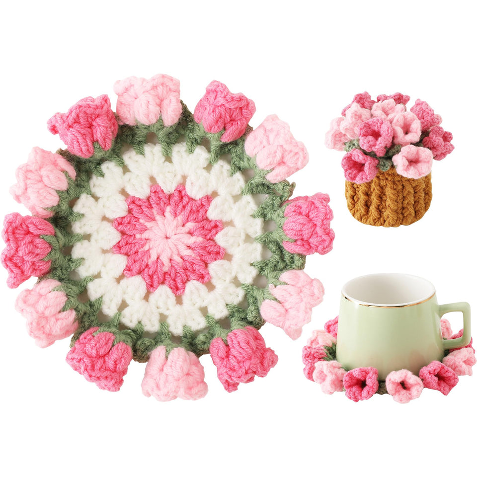 Vane Oak pink flower crochet coaster protects tabletops with soft style