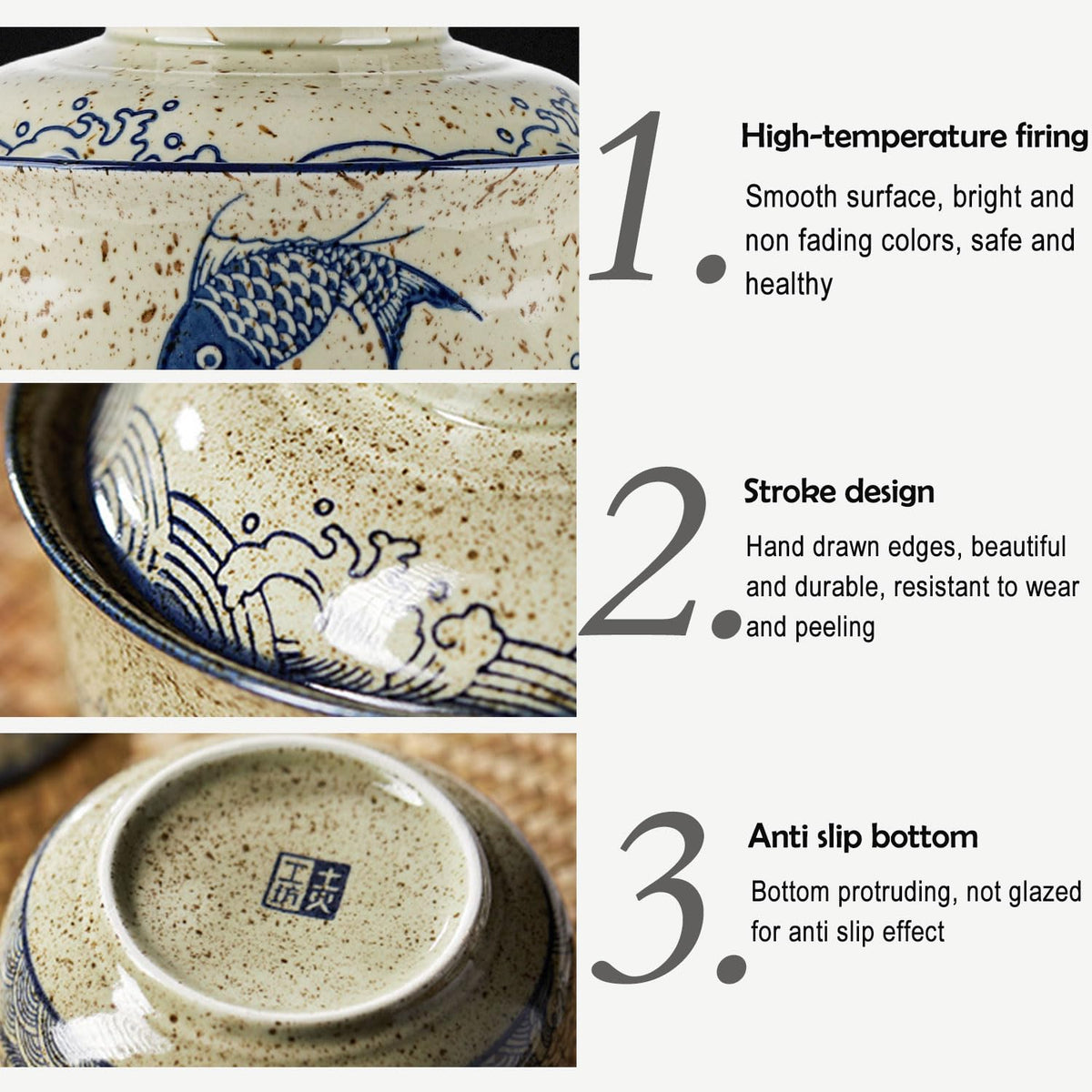 VanEnjoy ceramic ramen bowl in black featuring traditional motif