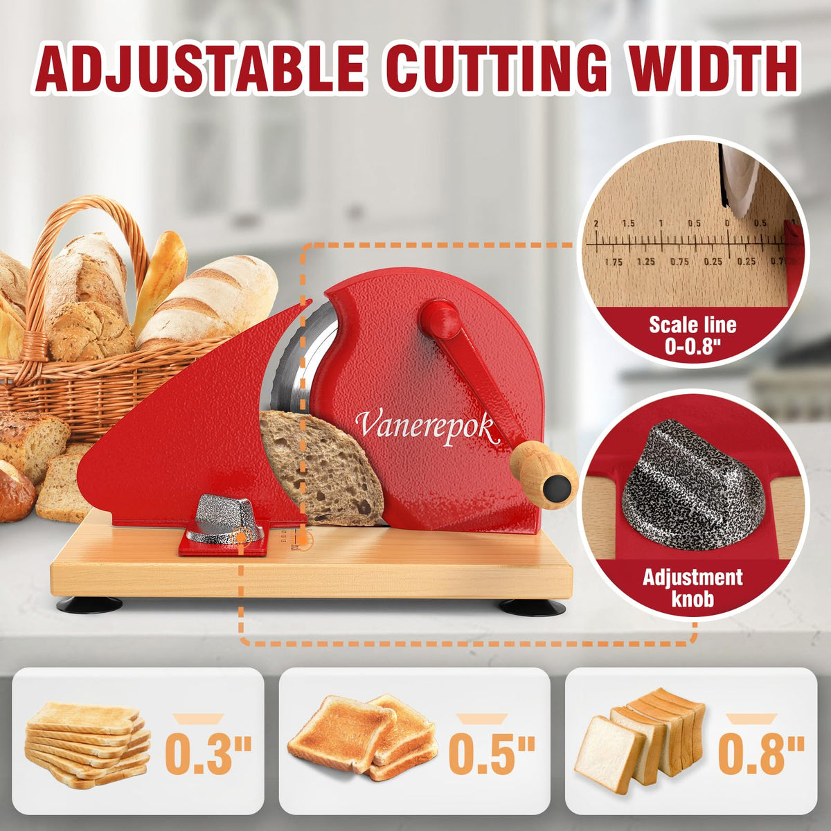Vanerepok ergonomic handle and suction feet provide stable, comfortable slicing