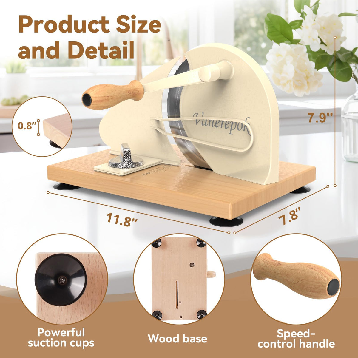 Vanerepok Ergo Handle with suction cups provides comfortable grip and stable countertop slicing.