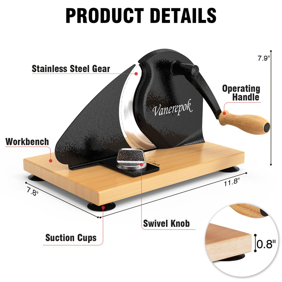 Vanerepok adjustable-thickness bread slicer, precise cuts up to 0.8 inches