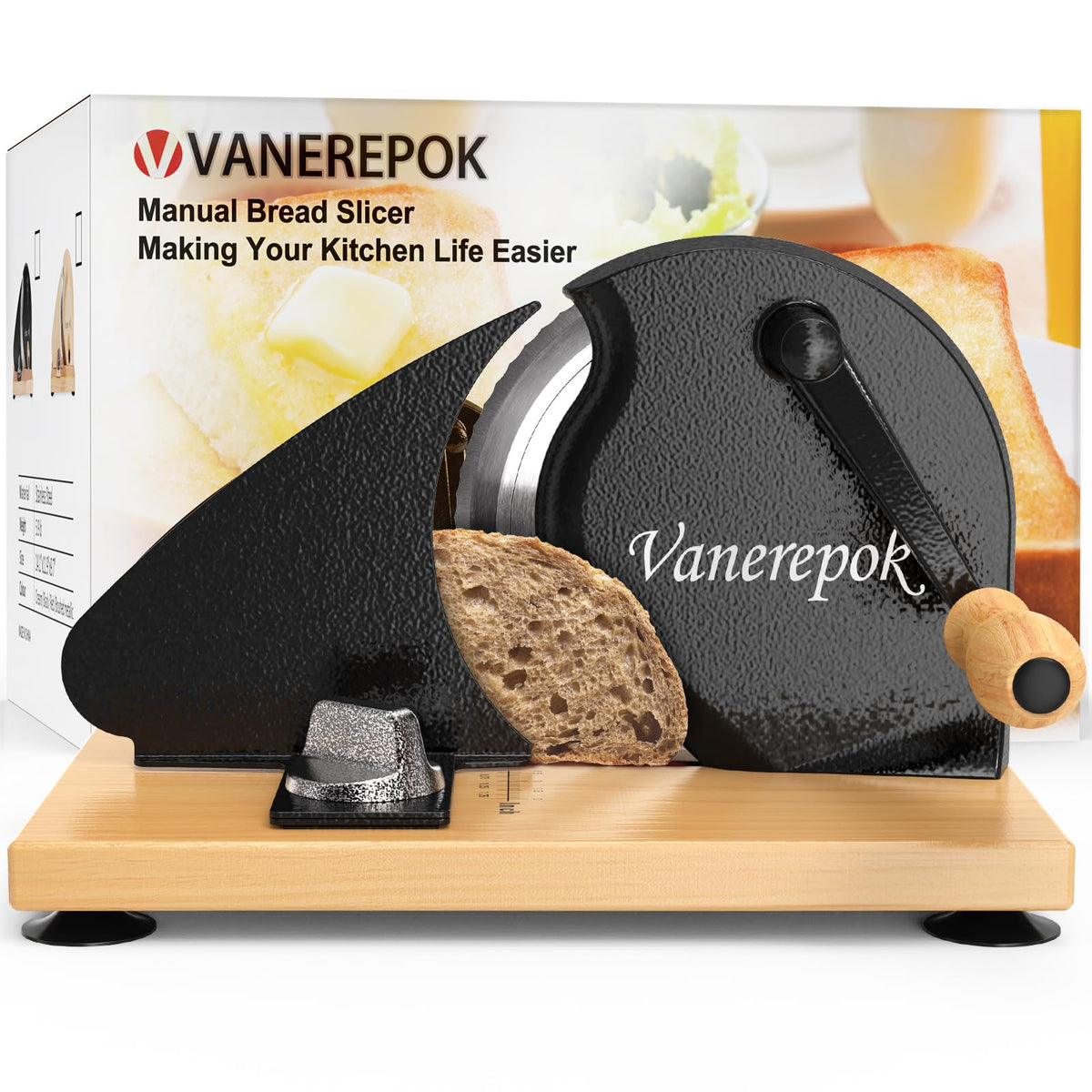 Vanerepok manual bread slicer with gear-drive for even slices of homemade bread