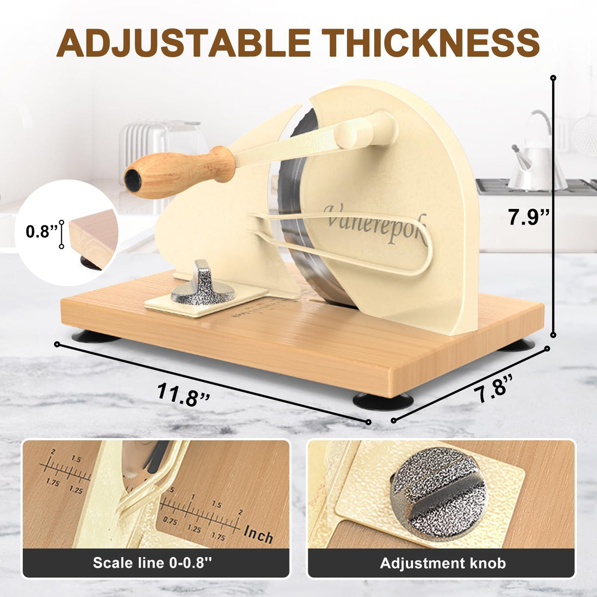 Vanerepok Thickness Adjustment Knob allows customizable slice thickness for sandwiches or toasts.