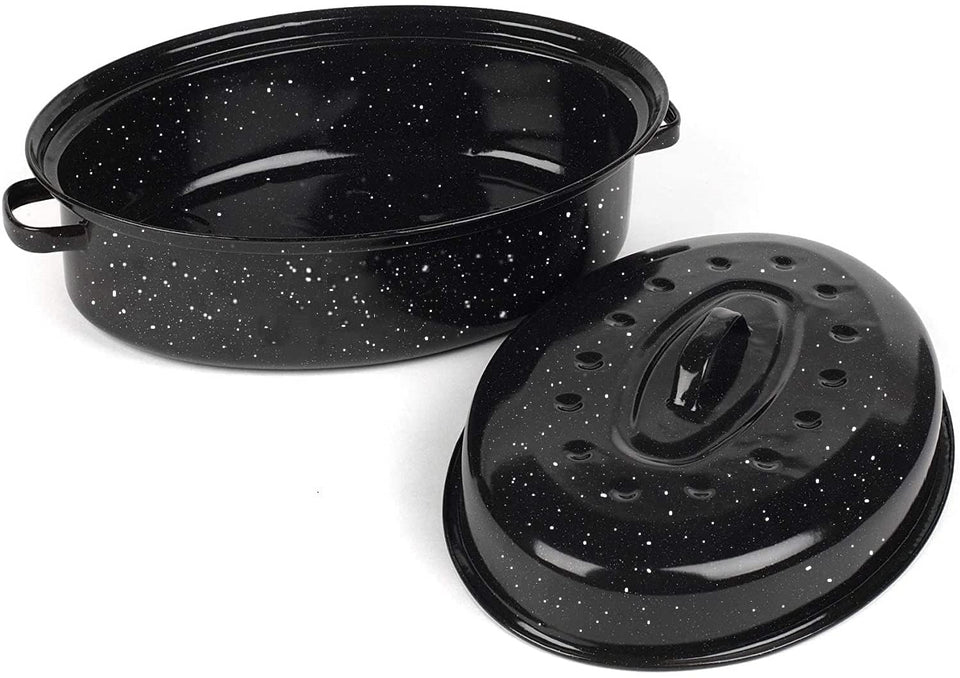 VANKUTL roasting pan with lid shows enameled interior for easy nonstick roasting.