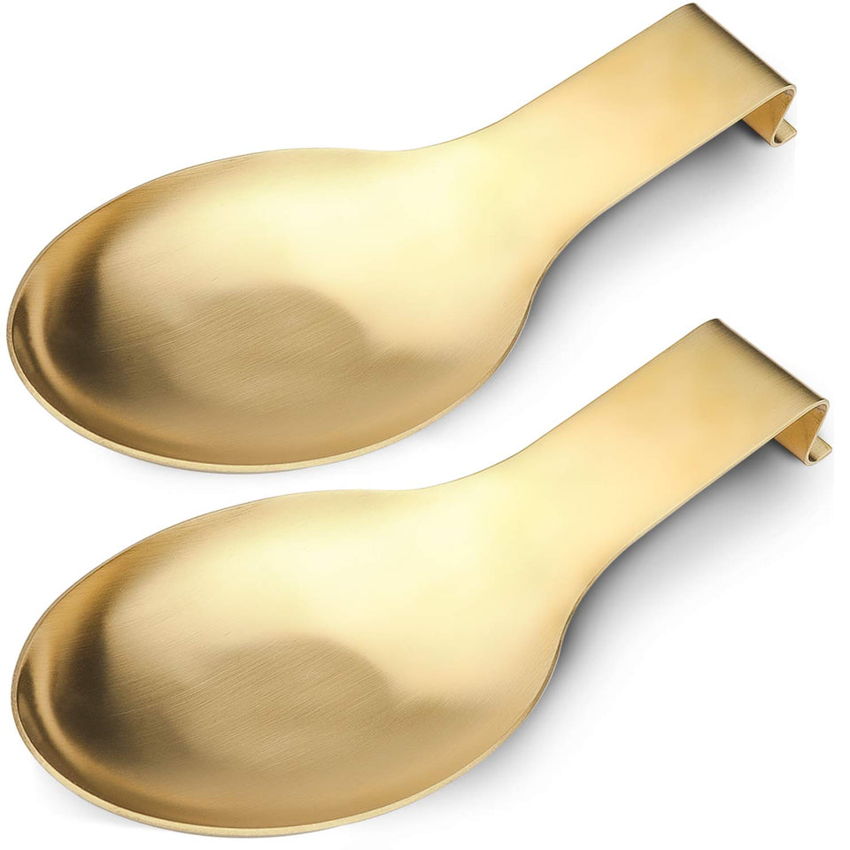 VanlonPro spoon rest in gold finish, close-up showing drip-catching surface for clean counters.