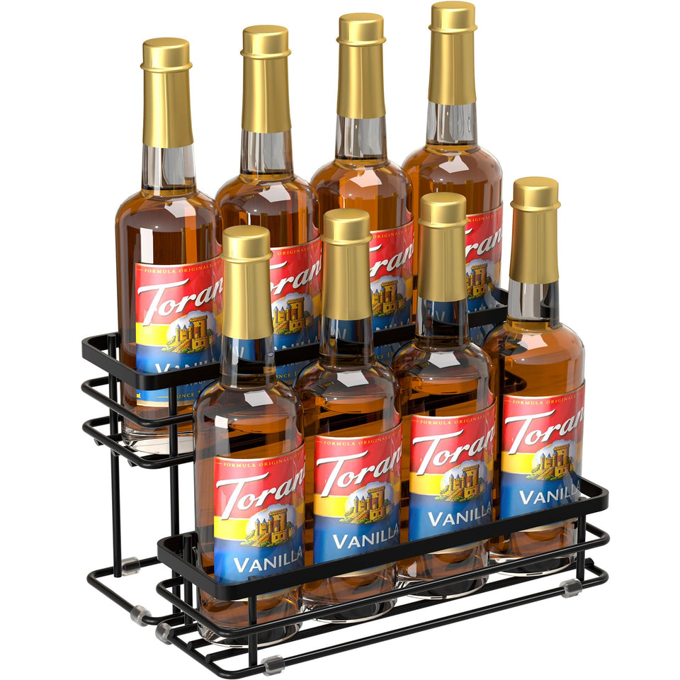 Vantimo 8-bottle syrup organizer on countertop keeps syrups neatly organized for coffee bars.
