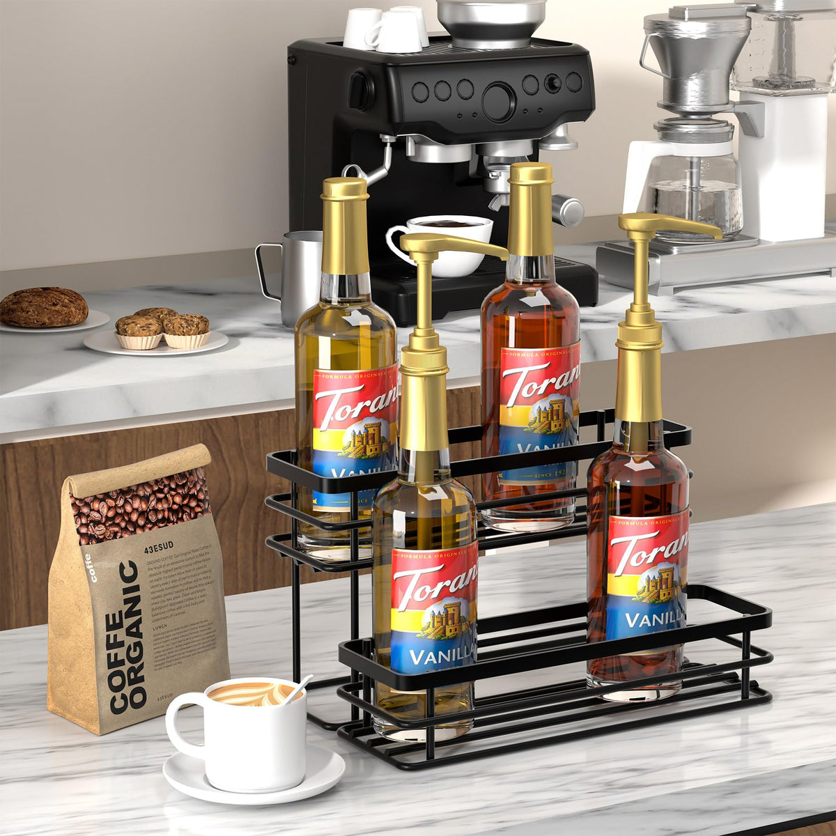 Vantimo two-tier rack side view supports bottles and containers with strength.