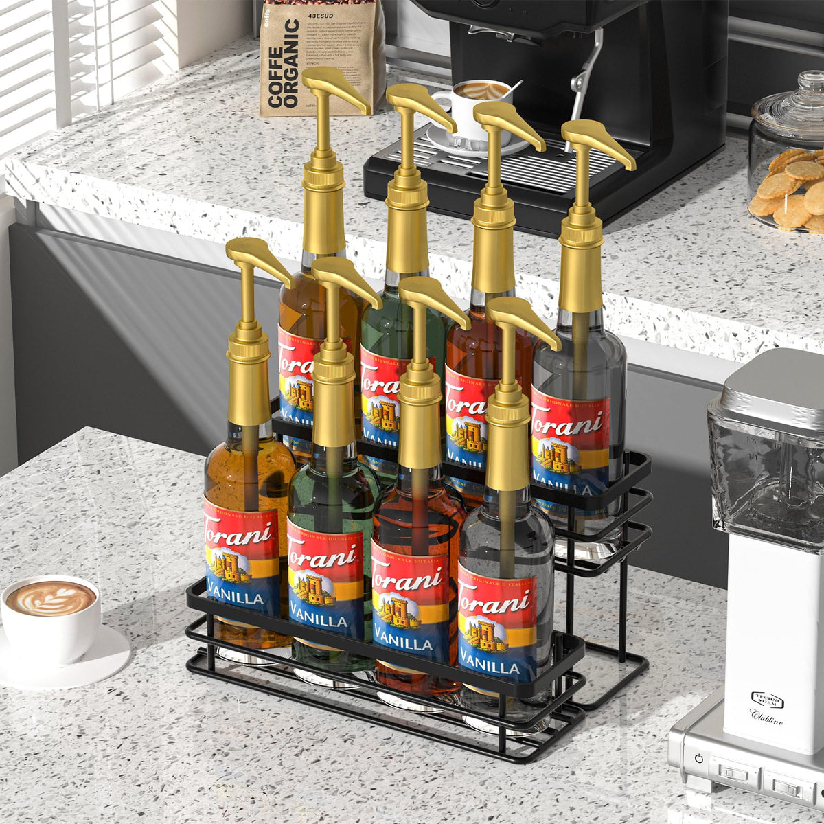 Vantimo gift-ready syrup rack highlights elegant design for coffee enthusiasts.
