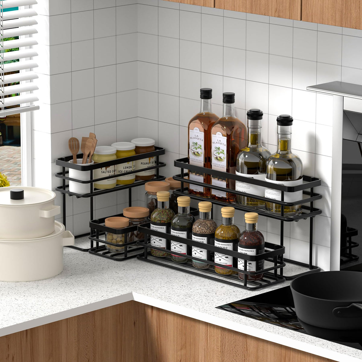Vantimo iron-frame syrup rack displays multiple bottles to declutter kitchen countertops.