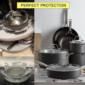 Vanwychen versatile protectors suit pots, pans, bowls, bakeware, or even flower pots.