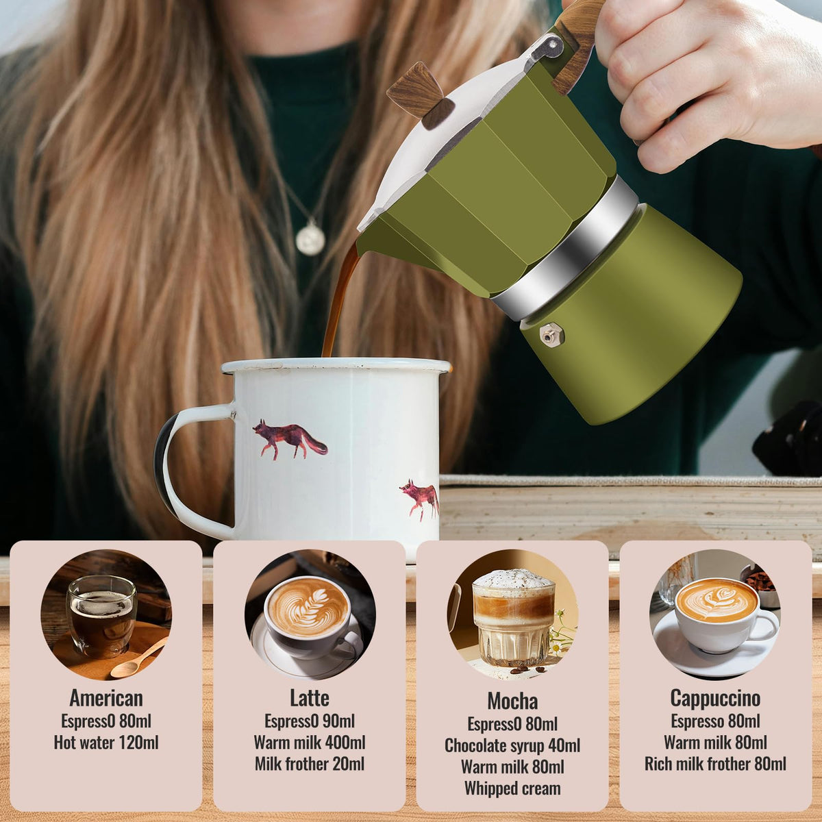 Vaolvpant green moka pot on stove, adding color to your coffee ritual.