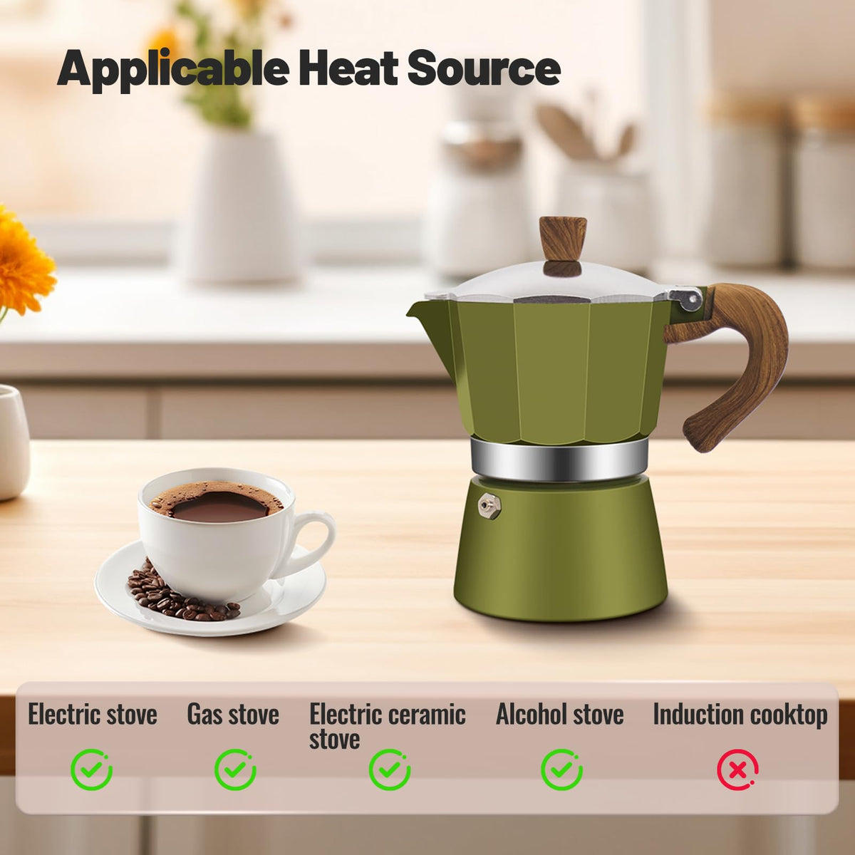 Vaolvpant moka pot handle and knob close-up showcasing heat-resistant design for safe pouring.