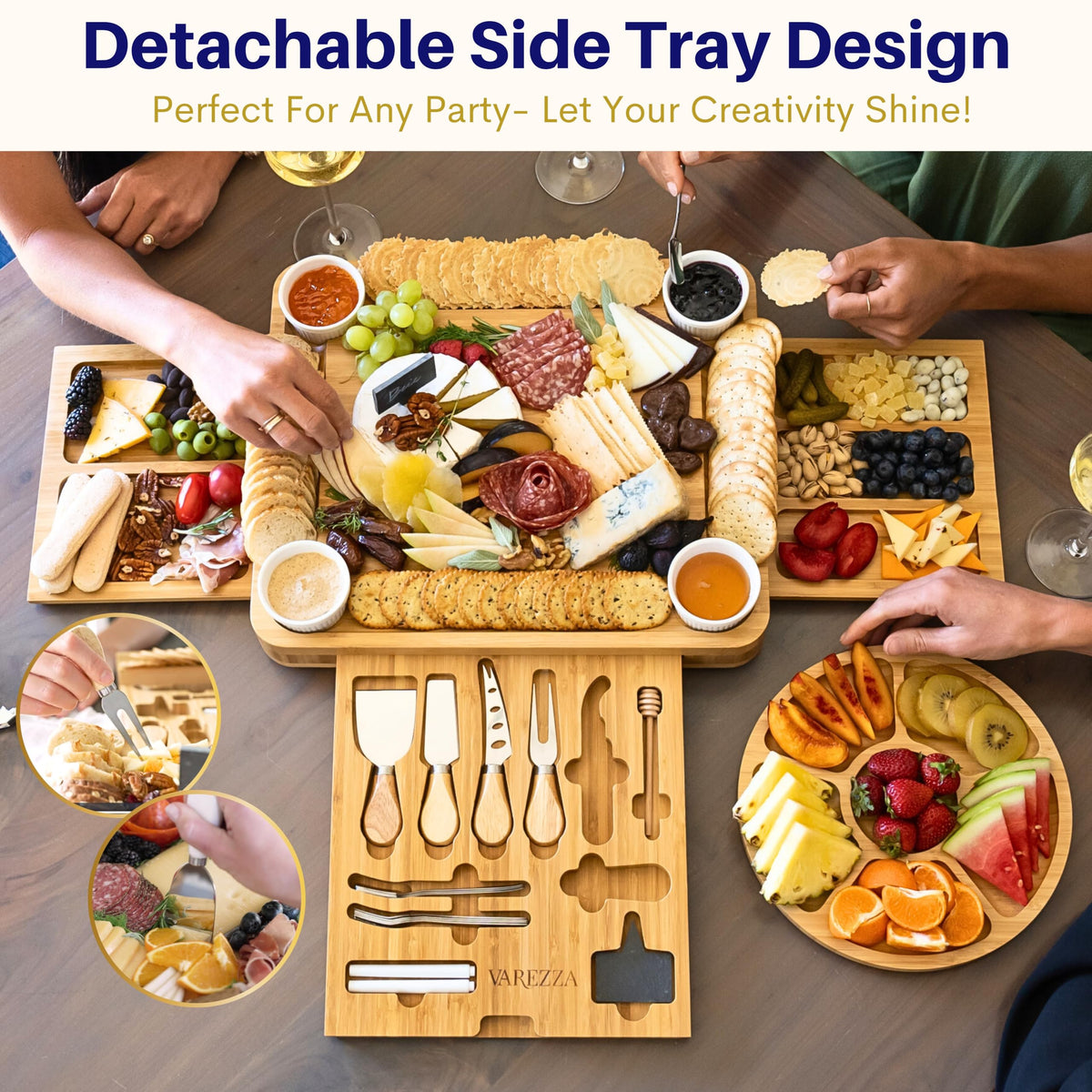 VAREZZA bamboo cheese board with accessories ready for effortless hosting.