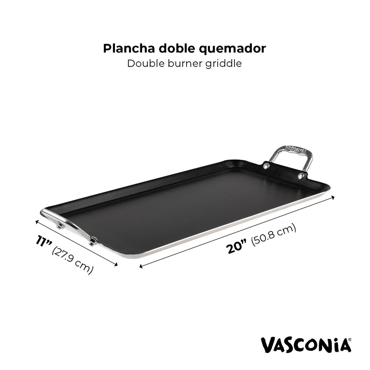 Vasconia griddle with two riveted handles for secure grip and transfer