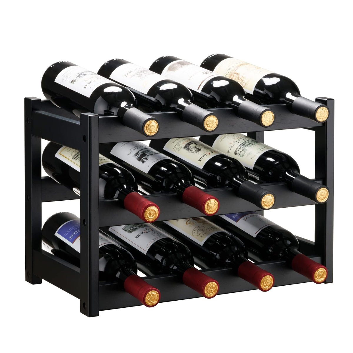 VASMIA bamboo wine rack front view with three-tier storage.