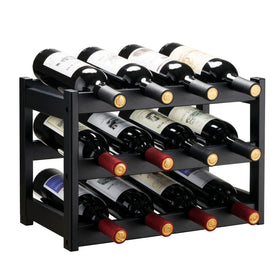 VASMIA bamboo wine rack front view with three-tier storage.