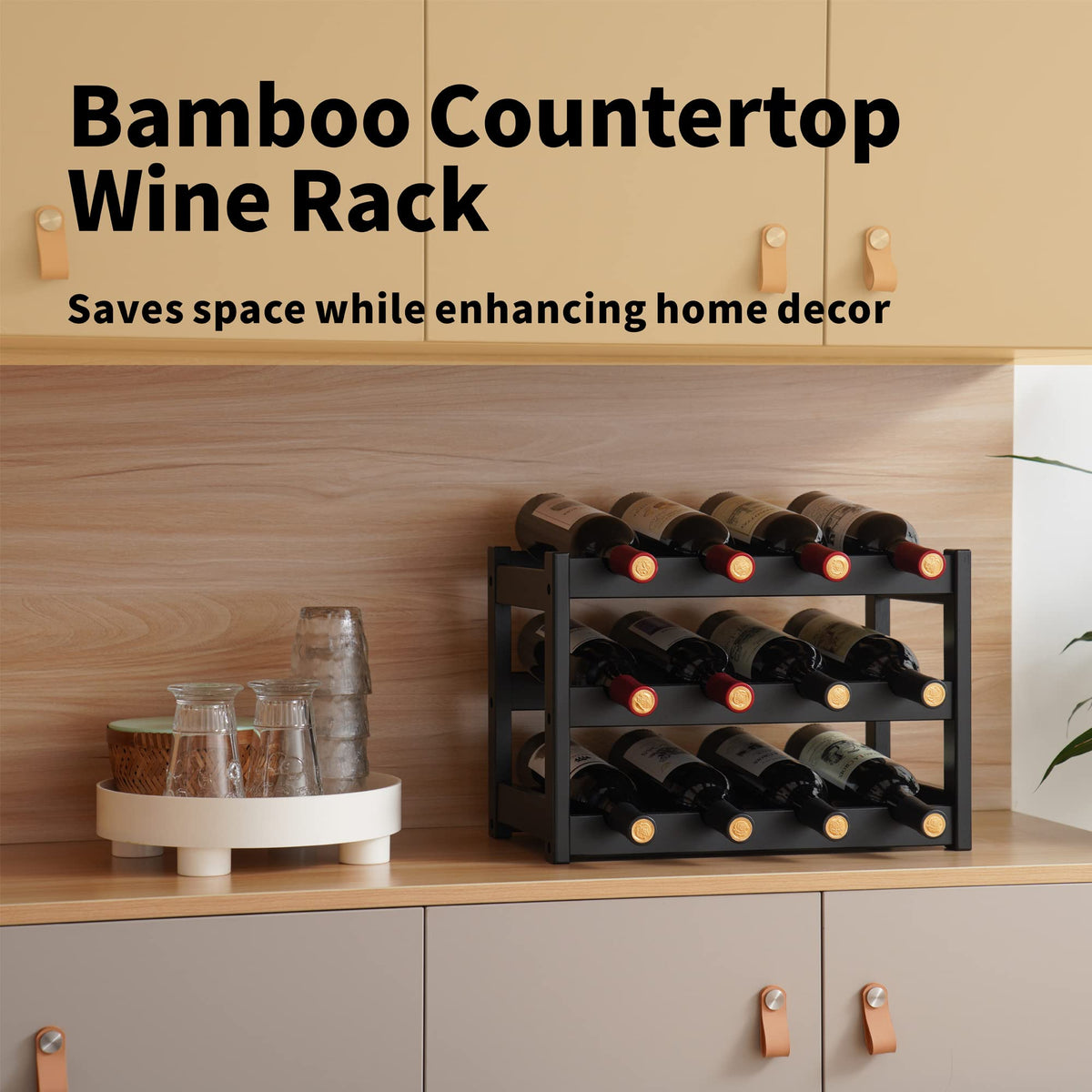 VASMIA bamboo wine rack on kitchen counter for convenient access.
