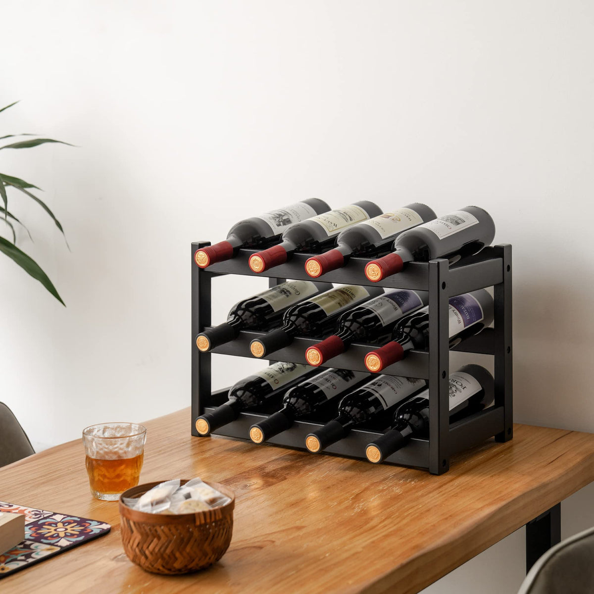 VASMIA bamboo wine rack side view shows sturdy construction.