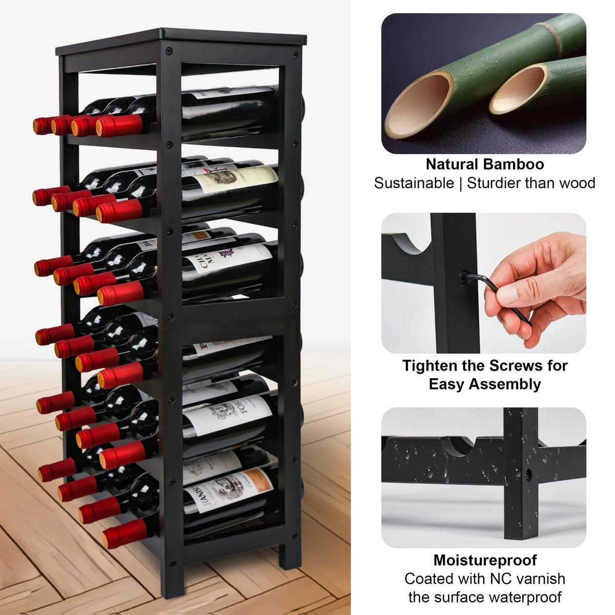 VASMIA bamboo rack emphasizes eco-friendly, durable construction in a natural finish.
