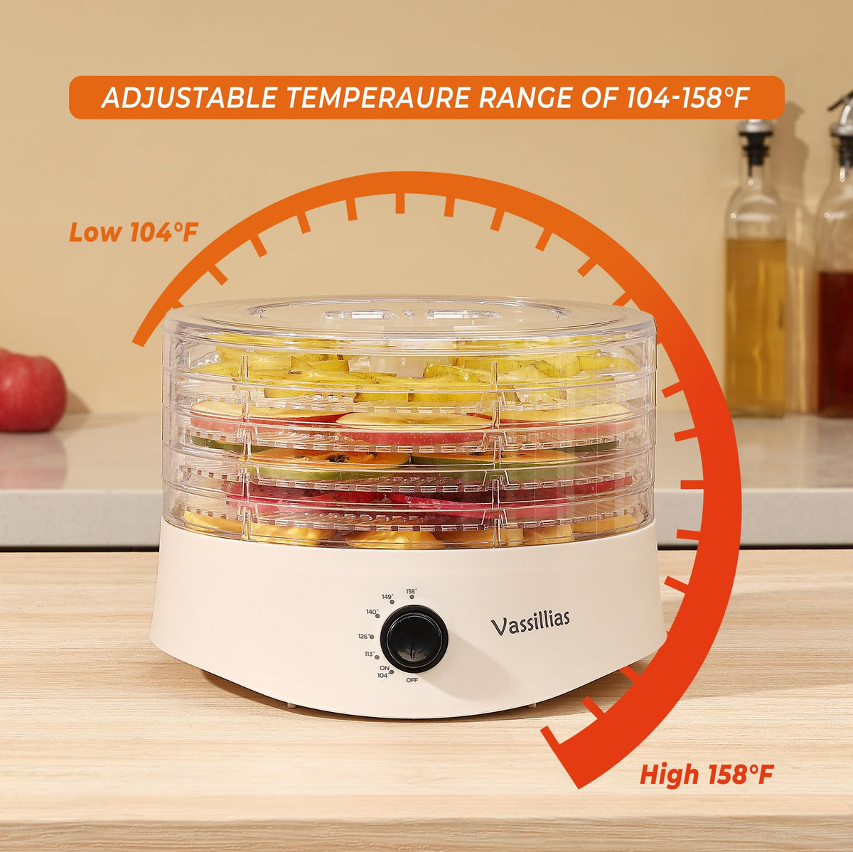 Vassillias dehydrator drawer-open with five BPA-free racks for meats