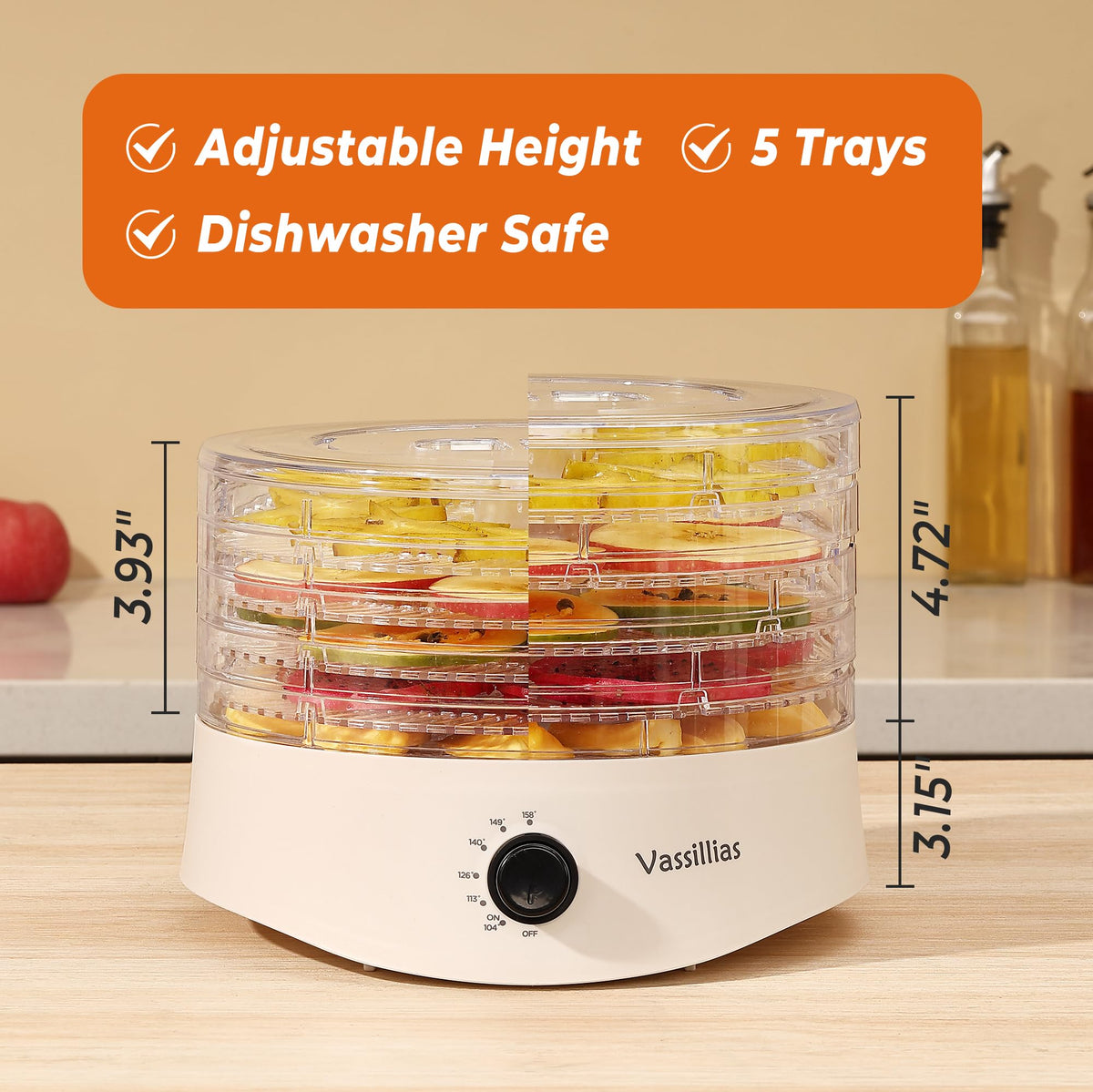 Vassillias dehydrator tray-removal shows easy loading and quick cleaning