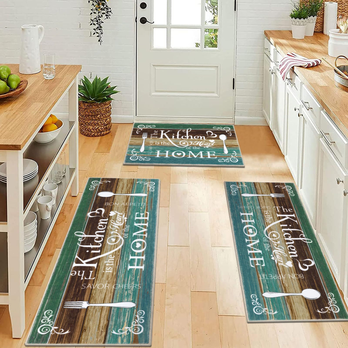 Vaukki Boho kitchen rug in use protects floors from moisture.