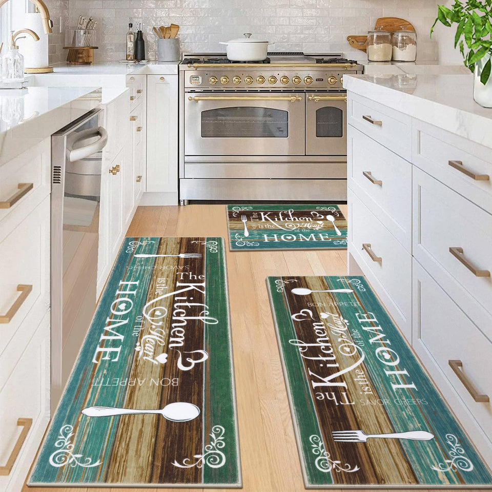 Vaukki Boho kitchen rug set teal, three sizes for flexible placement.