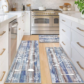 Vaukki Boho Kitchen Rug Sets blue brown colorway on floor, stylish and easy to clean.