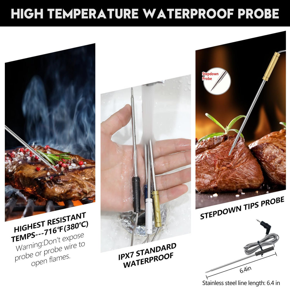 VAUNO probe in meat delivering rapid temperature readings for doneness control.
