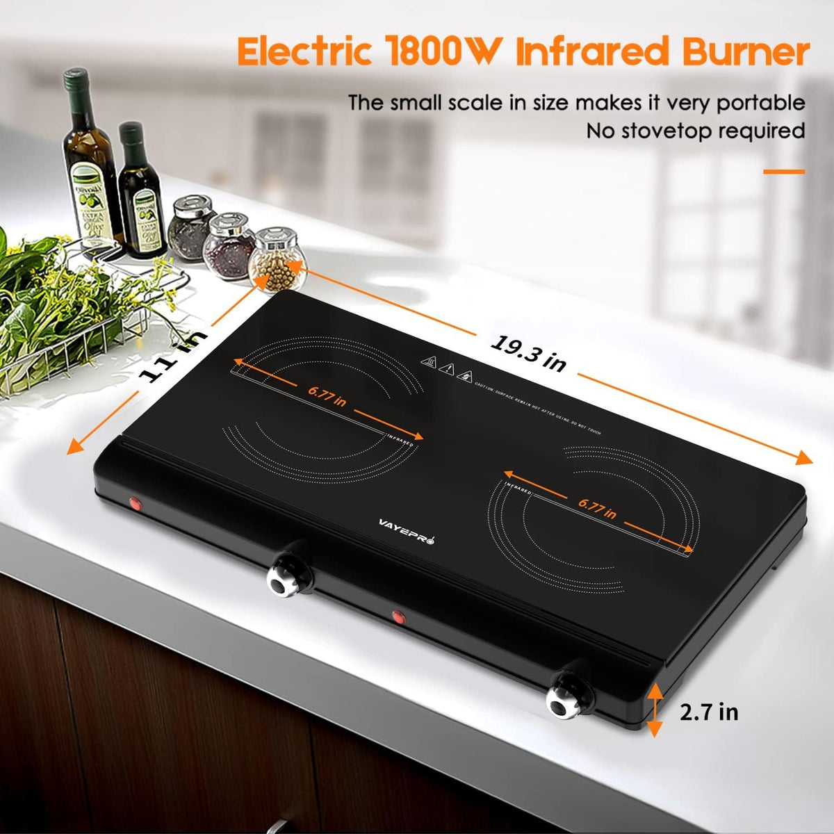 Vayepro 1800W portable stove side panel highlighting quick heating