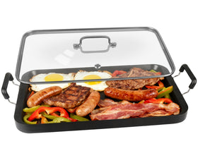 Vayepro 2-burner griddle pan with glass lid showing even heating on stovetop