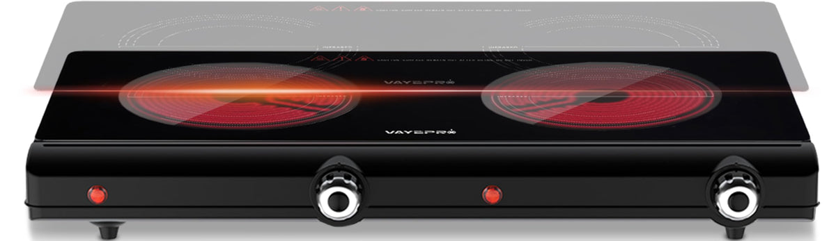Vayepro infrared double burner cooktop front view showing compact design for small kitchens
