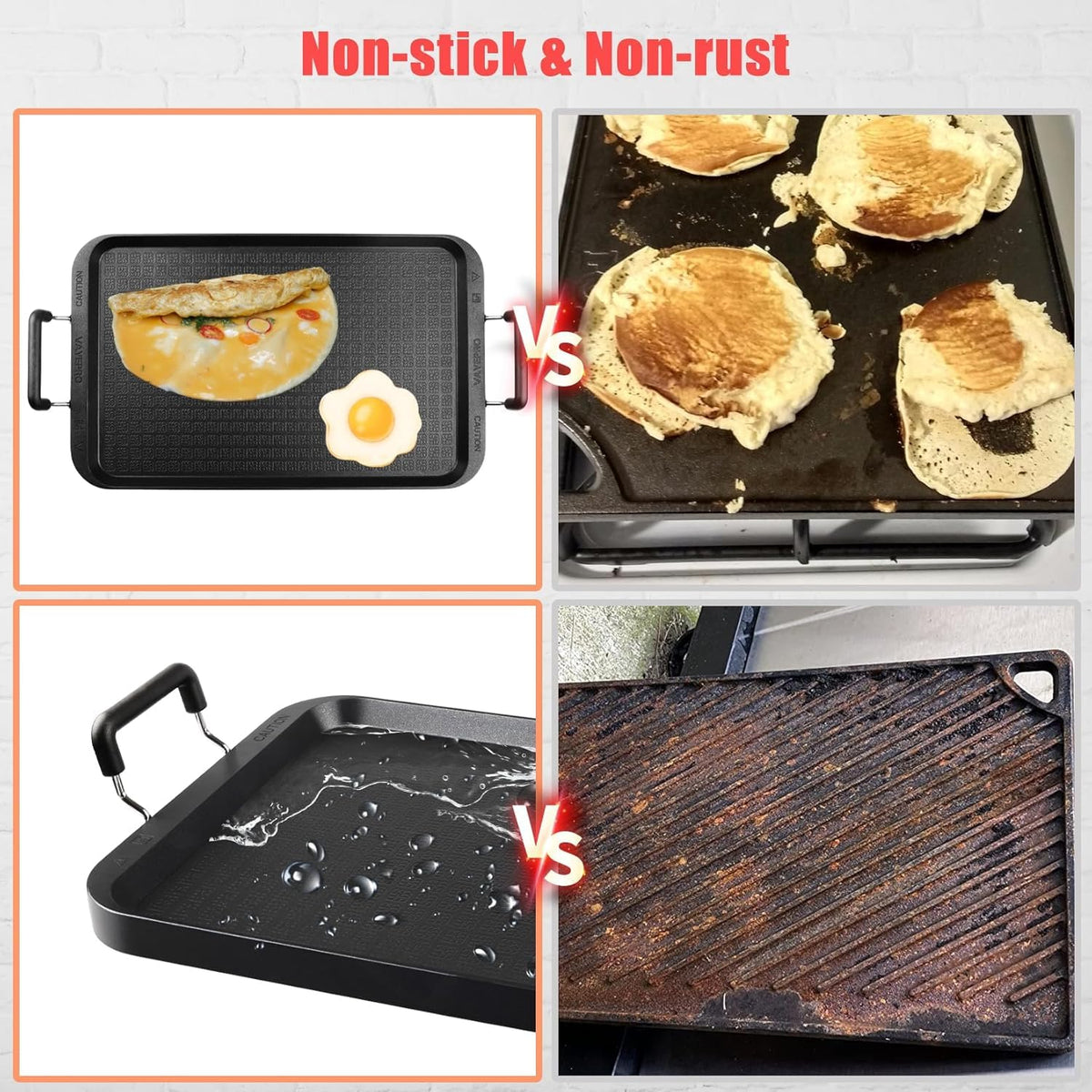 Vayepro dishwasher-safe griddle with lightweight aluminum body for convenient storage.