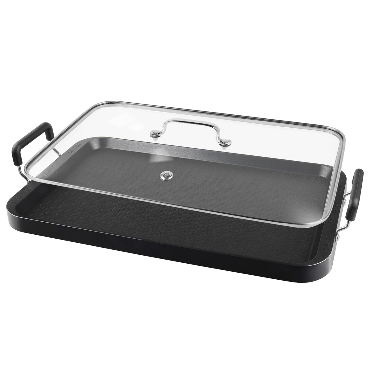 Vayepro two-burner griddle pan on a stove showing ample cooking space and heat control.