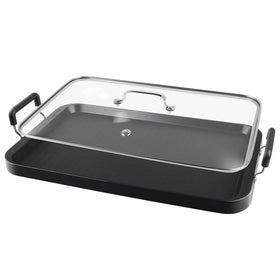 Vayepro two-burner griddle pan on a stove showing ample cooking space and heat control.