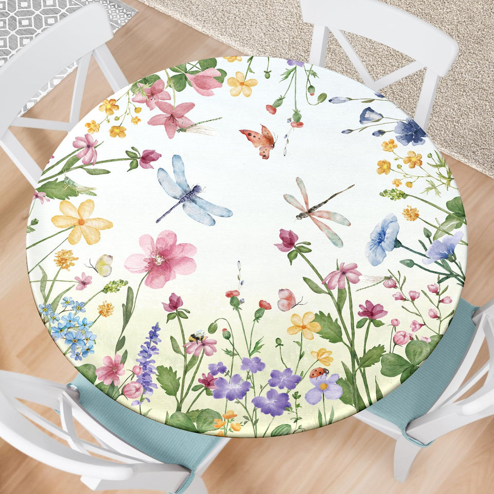 VBDFD floral round tablecloth with elastic edge for secure table fit.