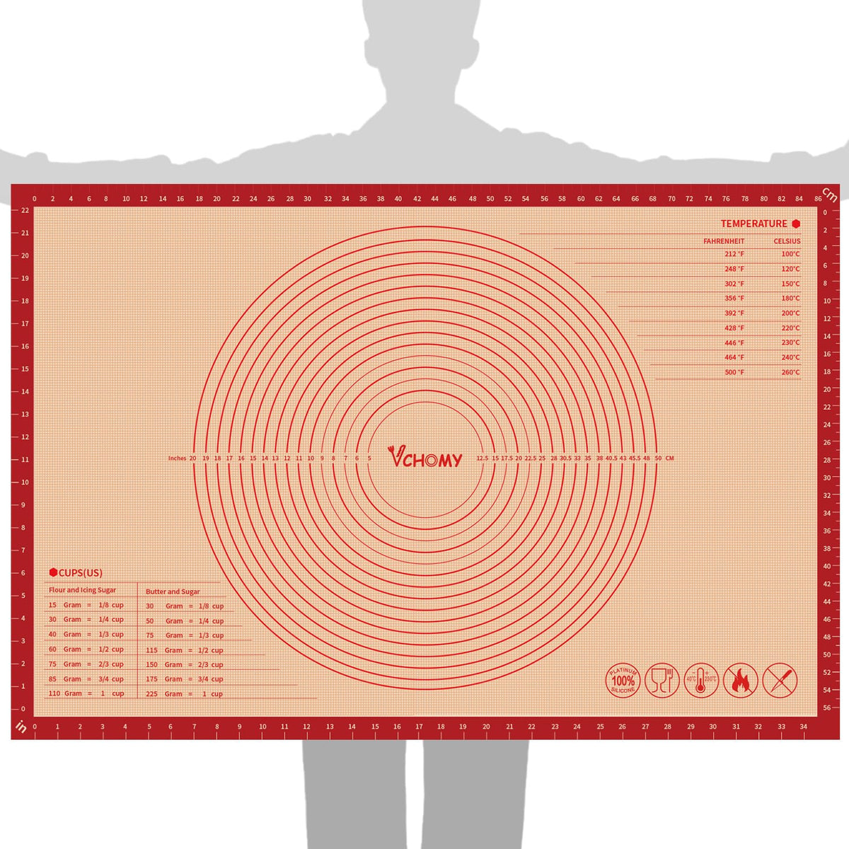 VCHOMY 36x24 pastry mat with rolling dough area and non-slip surface for stability.
