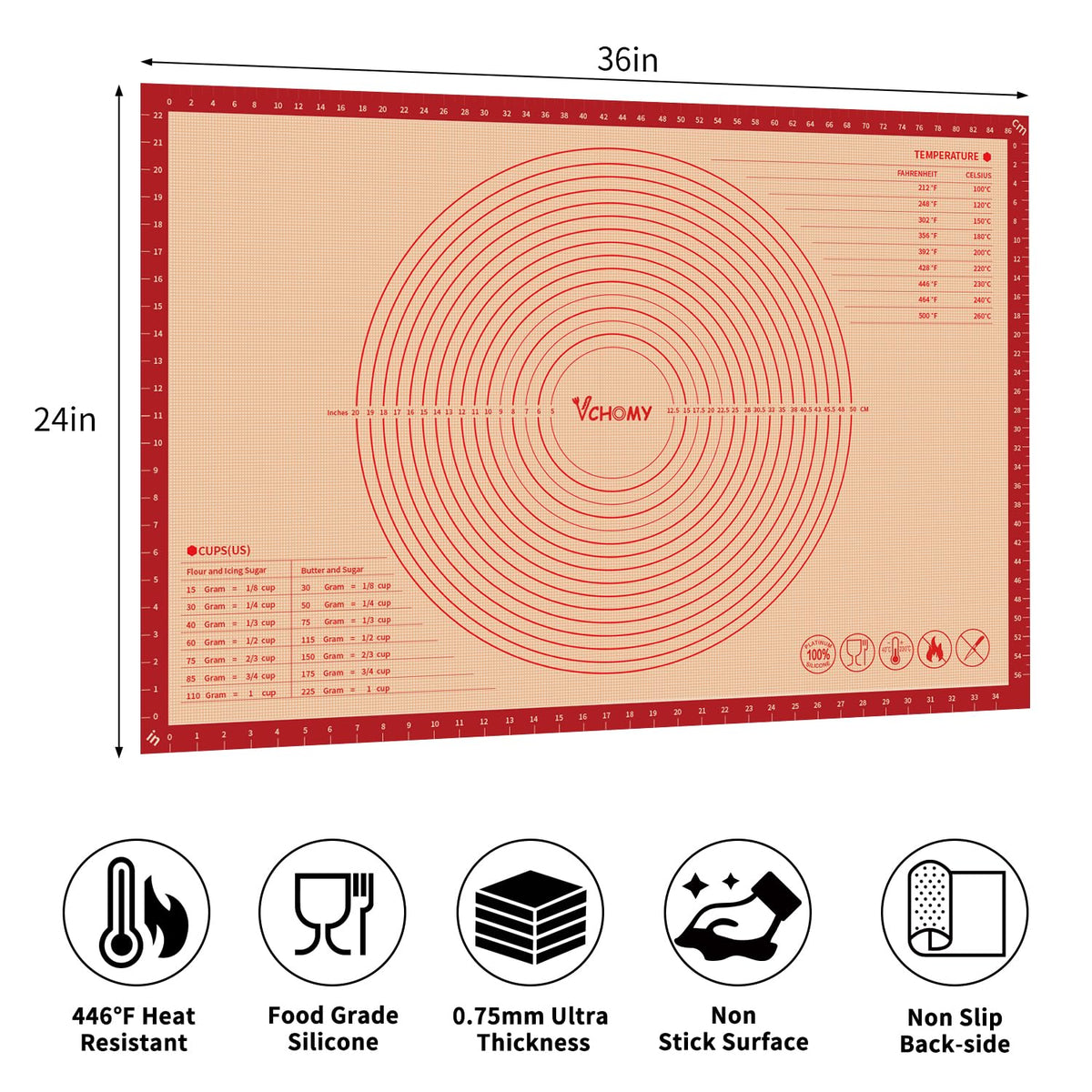 VCHOMY silicone baking mat shows non-slip design for steady dough work.