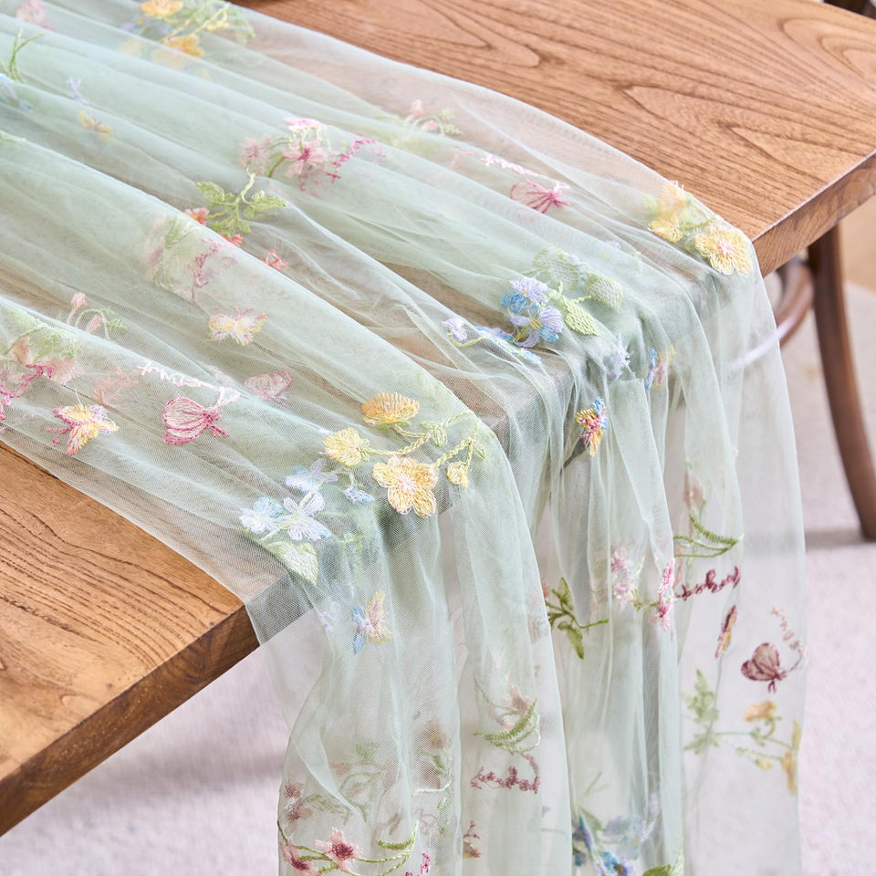 vctops embroidery lace table runner sage green closeup of floral embroidery for refined decor.