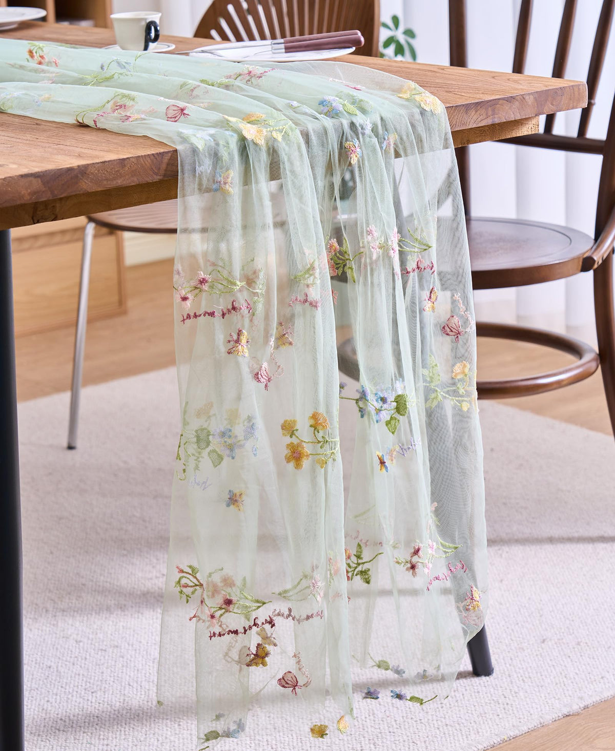 vctops embroidery lace table runner sage green on holiday dining setup.