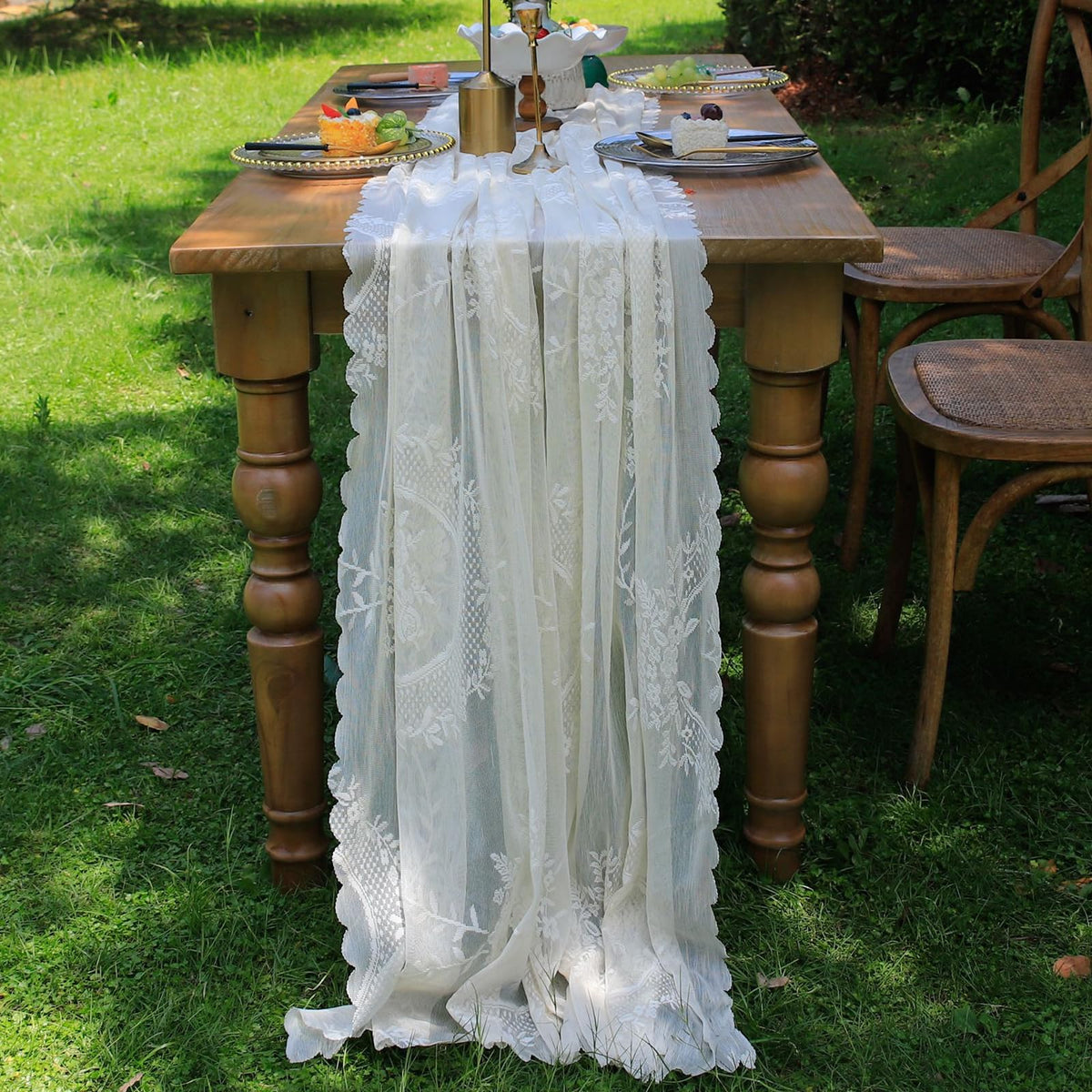 VCTOPS white lace table runner 120 inch on table for elegant wedding decor