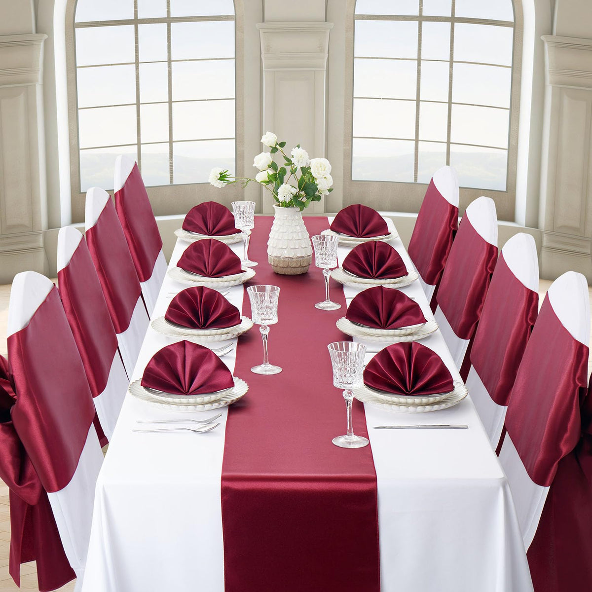 VCUSUELER burgundy satin runner draped over banquet table elevates decor for receptions