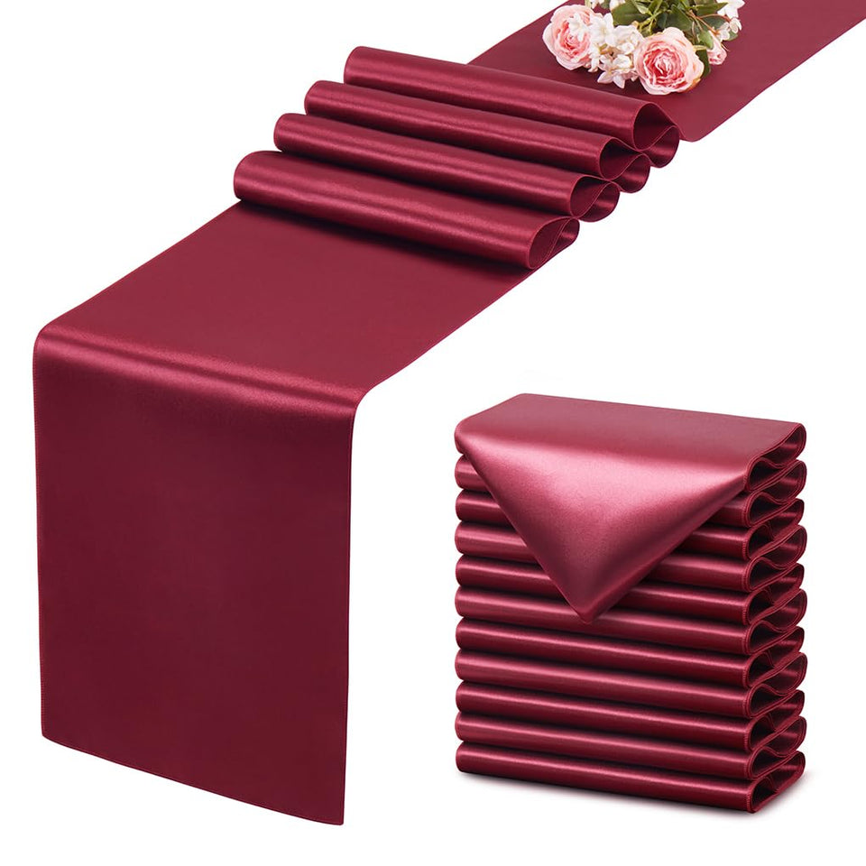 VCUSUELER Burgundy satin table runner on table adds elegant ambiance for weddings and celebrations
