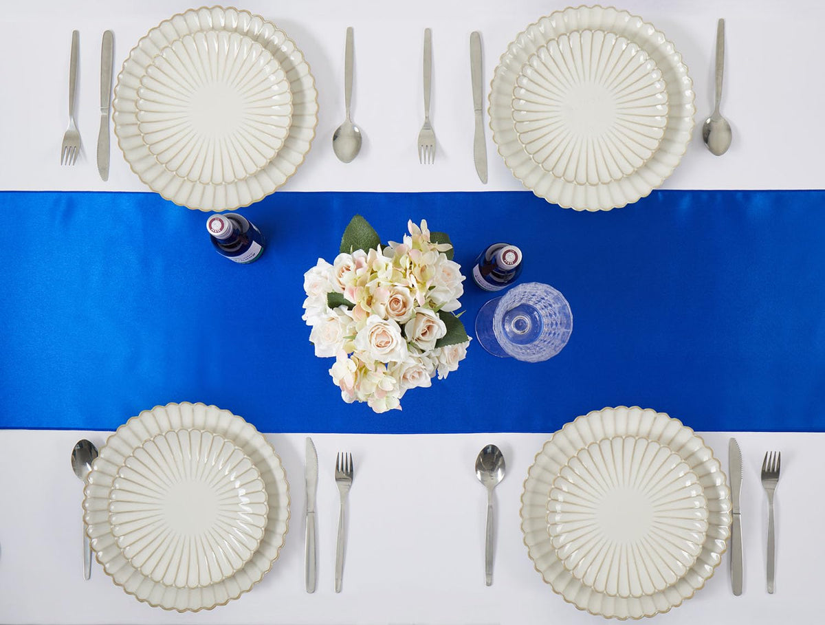 VCUSUELER royal blue satin runners arranged for coordinated banquet decor.
