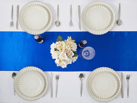 VCUSUELER royal blue satin runners arranged for coordinated banquet decor.
