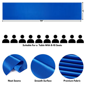 VCUSUELER royal blue satin table runner 12x108 displays wrinkle-free banquet setup.