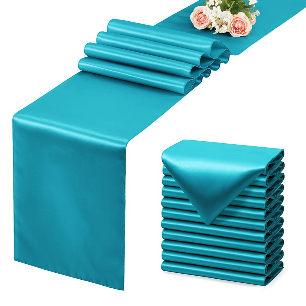 VCUSUELER teal-blue satin table runner for elegant wedding decor