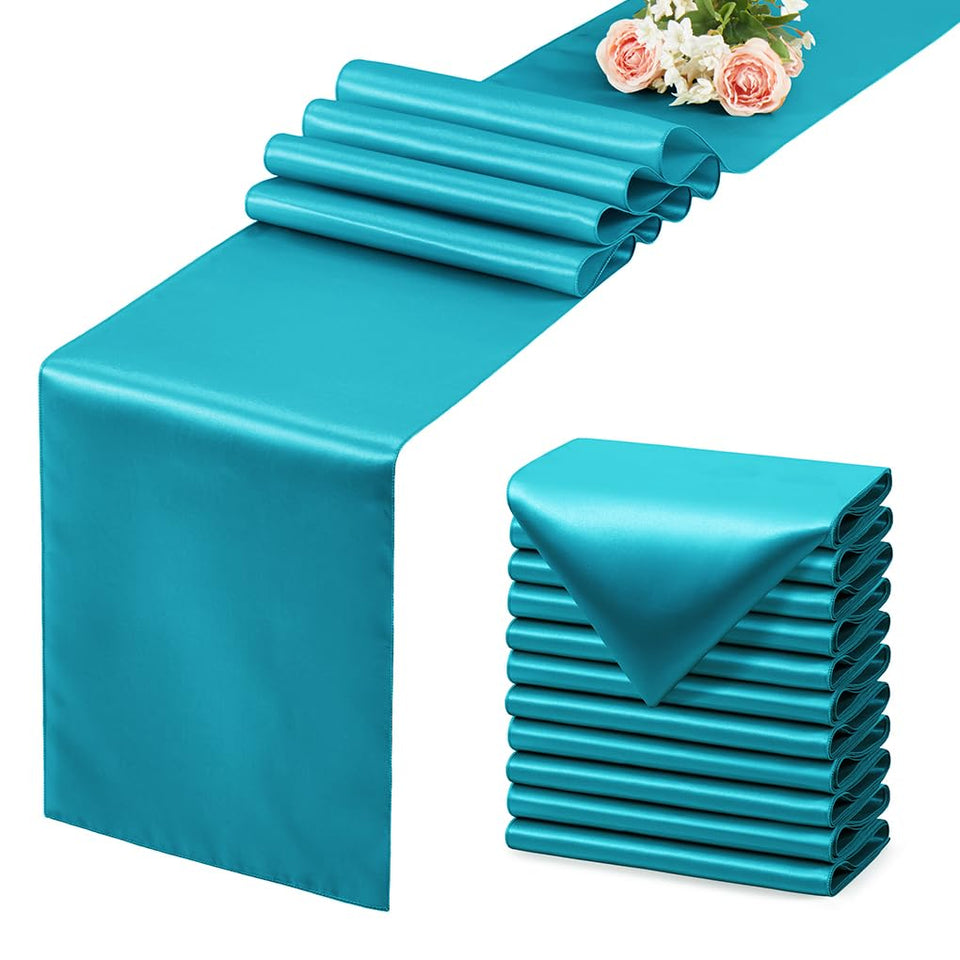 VCUSUELER teal-blue satin table runner for elegant wedding decor
