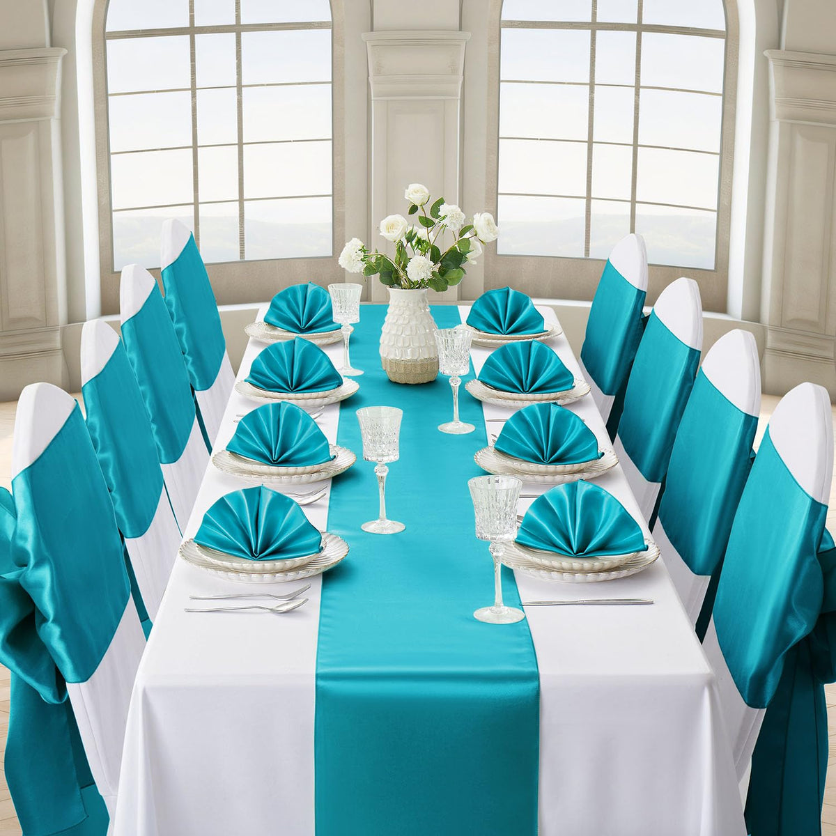 VCUSUELER teal satin table runner enhances long banquet table settings