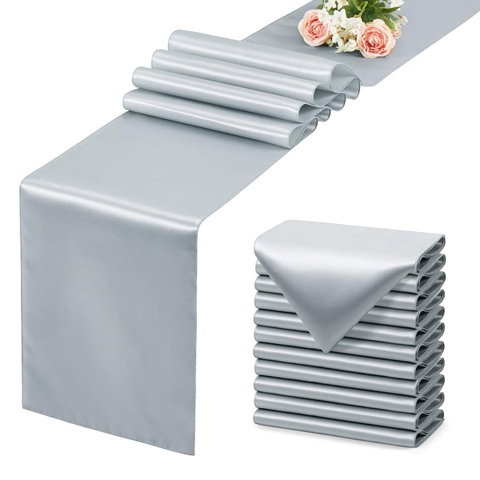 VCUSUELER silver satin table runner for weddings and banquets, adds elegant shimmer.